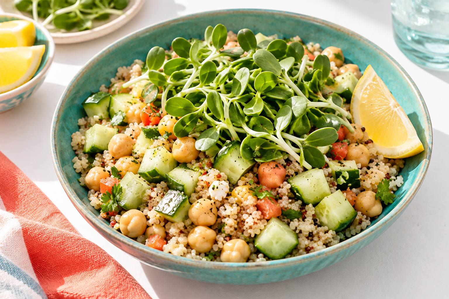 A quinoa bowl with chickpeas, cucumber and sunflower microgreens