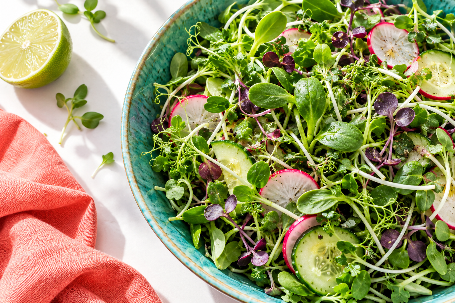 A turquoise salad bowl topped with fresh microgreens, cucumber and sliced radishes