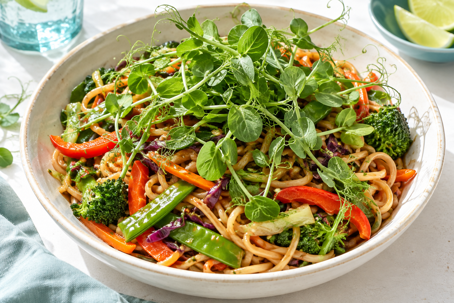 Vegetable noodles topped with tender pea shoots