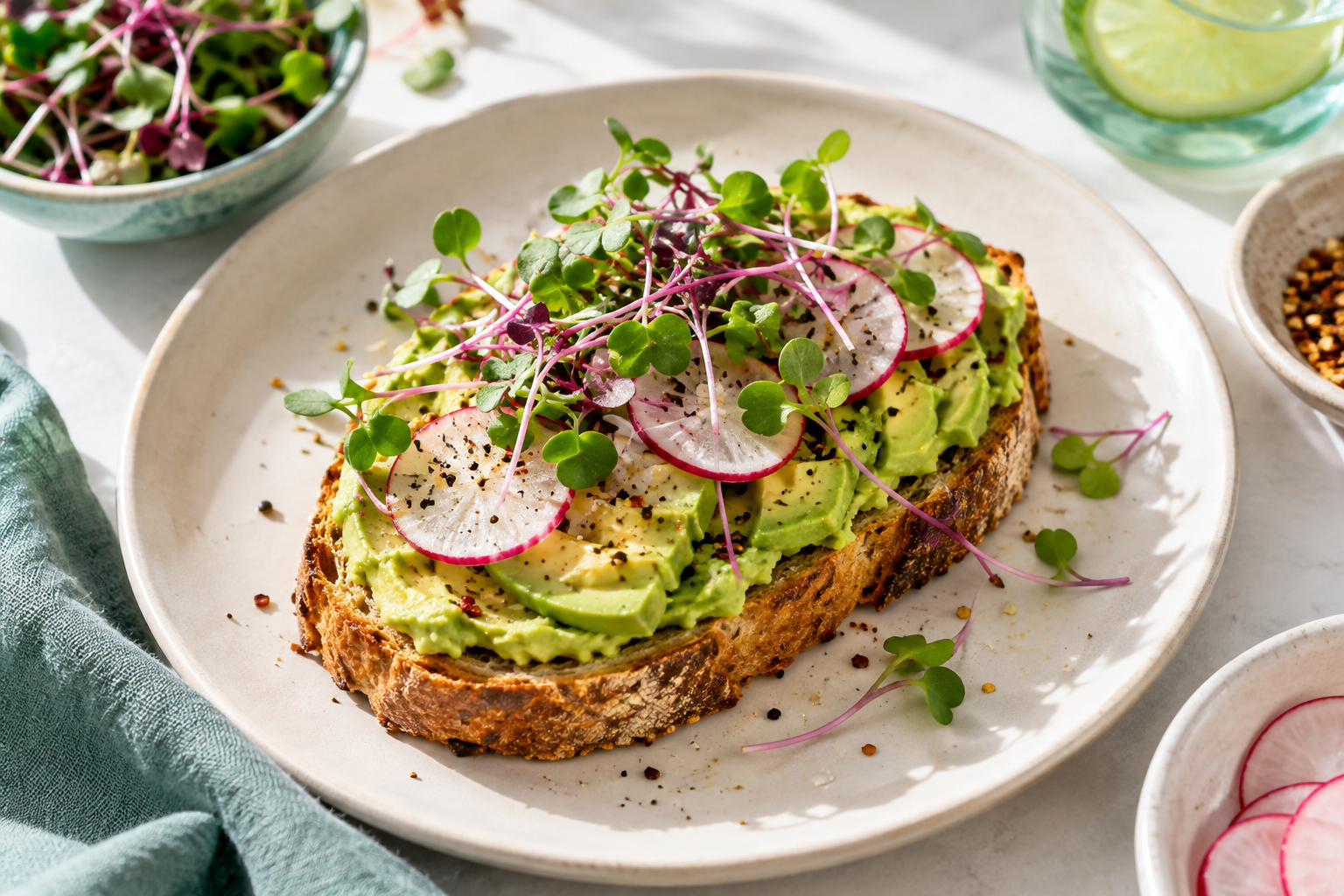 Avocado toast topped with radish microgreens and sliced radish
